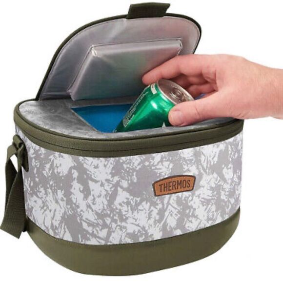 NWT Thermos Premium 6-Can Soft Cooler Beige Print Olive w/ Short & Long Handles - Picture 1 of 12